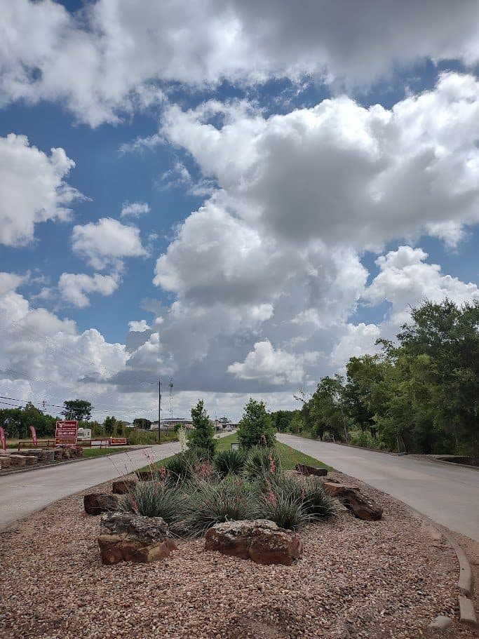 A gravel median planted with drought-tolerant agaves and grasses between two drives.